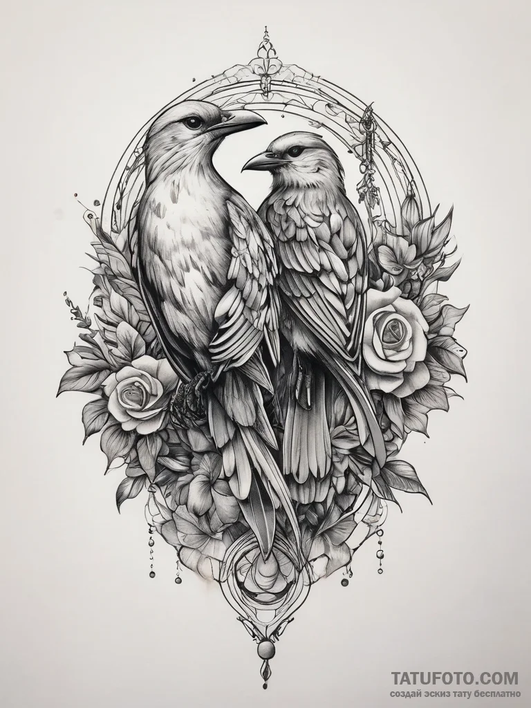 птицы, ink illustration for tattoo, neo tradi... - эскиз тату (№1757724414_0, 13.09.2025 00:46) — Tatufoto.com