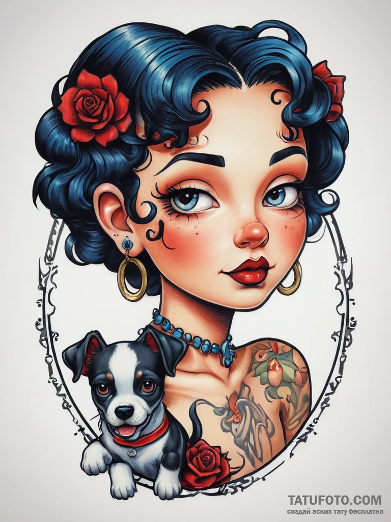 Tattoo sketch betty boop with a dog, tattoo d... - эскиз тату (№1757725204_0, 13.09.2025 01:00) — Tatufoto.com