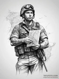 Tattoo sketch soldier with a map - эскиз тату (№1757726776_0, 13.09.2025 01:26) — Tatufoto.com