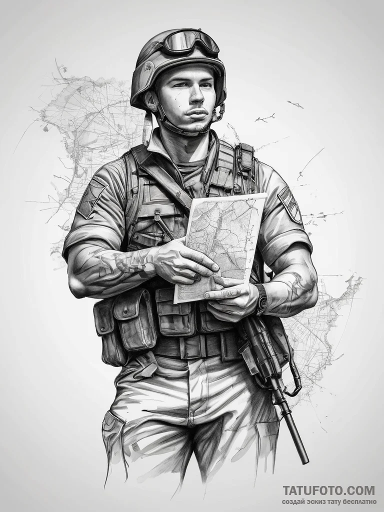 Tattoo sketch soldier with a map - эскиз тату (№1757726776_0, 13.09.2025 01:26) — Tatufoto.com