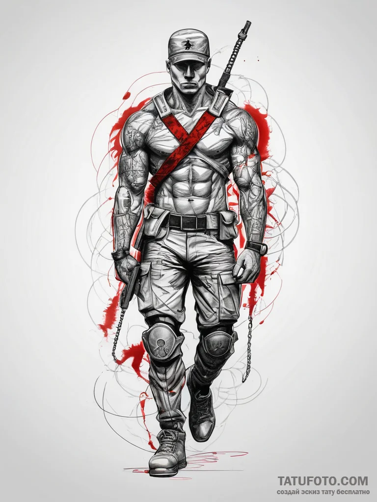 Tattoo sketch soldier with a chain, artistic... - эскиз тату (№1757728558_0, 13.09.2025 01:55) — Tatufoto.com
