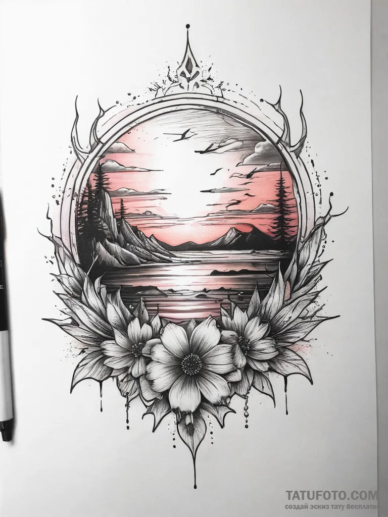 Tattoo sketch sunset - эскиз тату (№1757771900_0, 13.09.2025 13:58) — Tatufoto.com