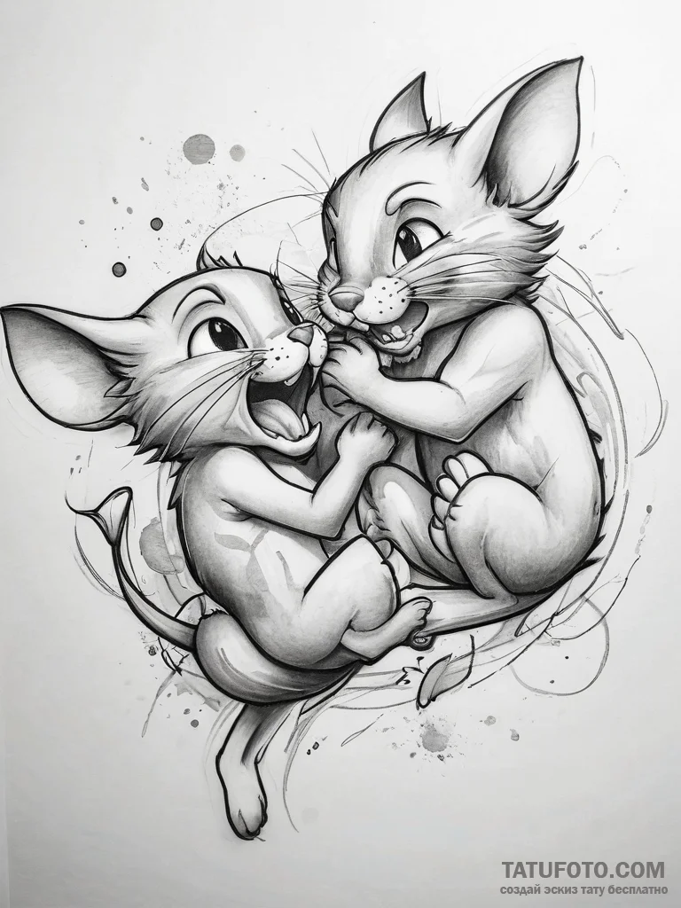 Tattoo sketch tom and jerry fighting scene - эскиз тату (№1757773075_0, 13.09.2025 14:17) — Tatufoto.com