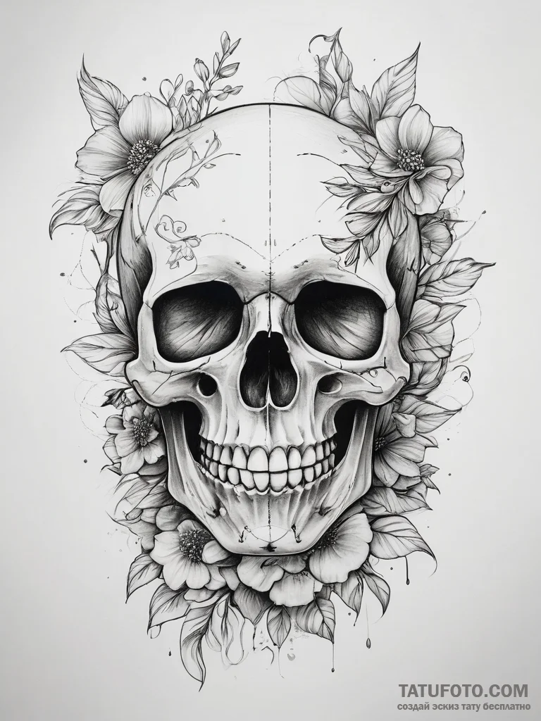 Tattoo sketch череп с цветами - эскиз тату (№1757773463_0, 13.09.2025 14:24) — Tatufoto.com