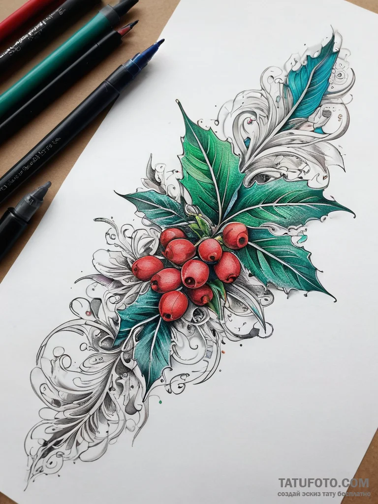 Tattoo sketch holly leaves with berries, tatt... - эскиз тату (№1757778003_0, 13.09.2025 15:40) — Tatufoto.com