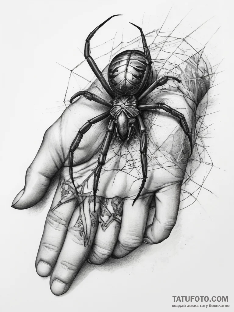 Tattoo sketch hands with a spider - эскиз тату (№1757786088_0, 13.09.2025 17:54) — Tatufoto.com
