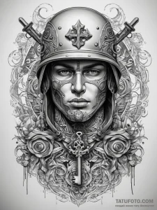 Tattoo sketch soldier with a key, ink illustr... - эскиз тату (№1757792207_0, 13.09.2025 19:36) — Tatufoto.com