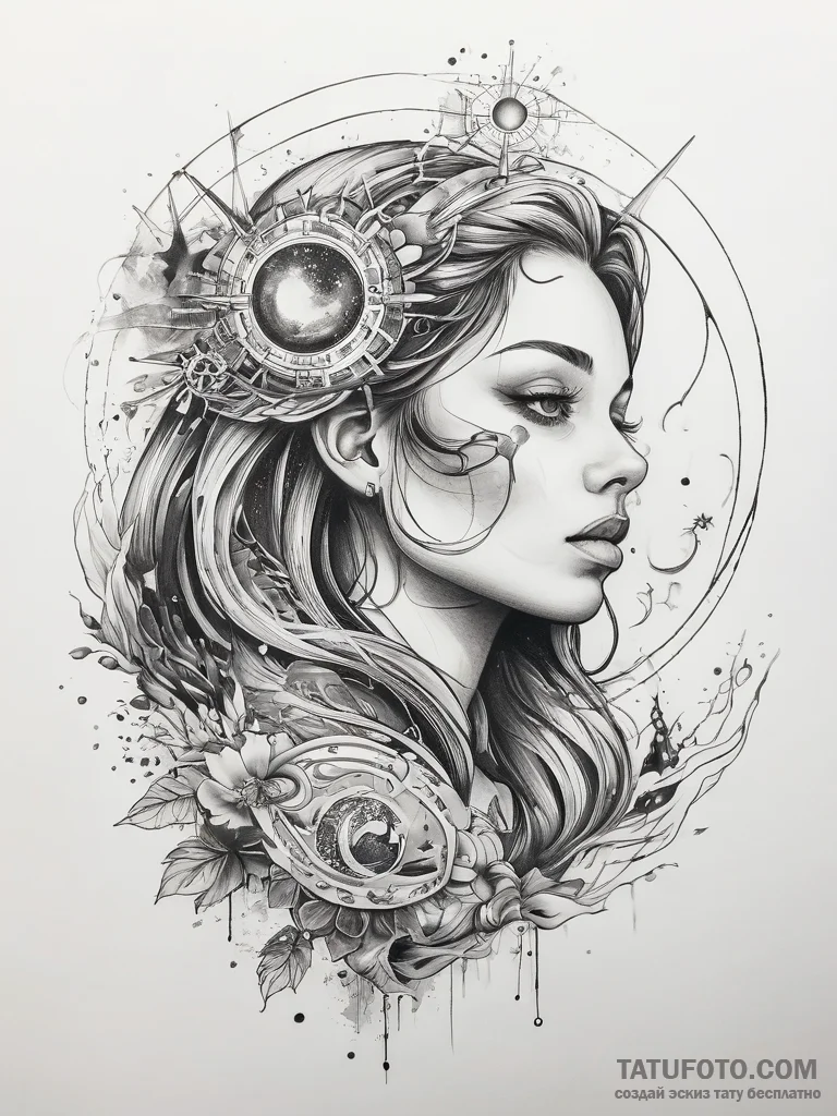 Tattoo sketch cosmic spirit - эскиз тату (№1757796136_0, 13.09.2025 20:42) — Tatufoto.com
