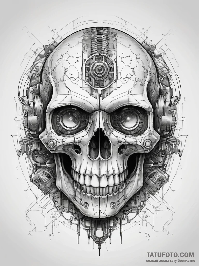Tattoo sketch cyberpunk skull with circuitry - эскиз тату (№1757796932_0, 13.09.2025 20:55) — Tatufoto.com