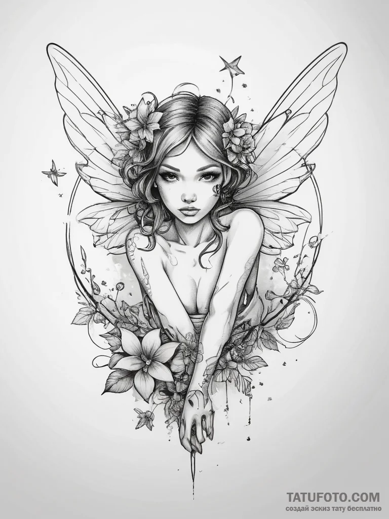 Tattoo sketch fairy with a wand, artistic tat... - эскиз тату (№1757848179_0, 14.09.2025 11:09) — Tatufoto.com