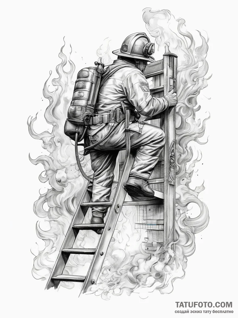 Tattoo sketch firefighter ladder and fire hos... - эскиз тату (№1757852130_0, 14.09.2025 12:15) — Tatufoto.com