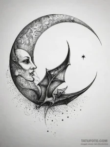 Tattoo sketch crescent moon with a bat, artis... - эскиз тату (№1757855321_0, 14.09.2025 13:08) — Tatufoto.com