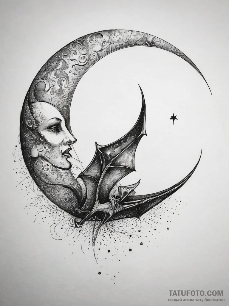 Tattoo sketch crescent moon with a bat, artis... - эскиз тату (№1757855321_0, 14.09.2025 13:08) — Tatufoto.com