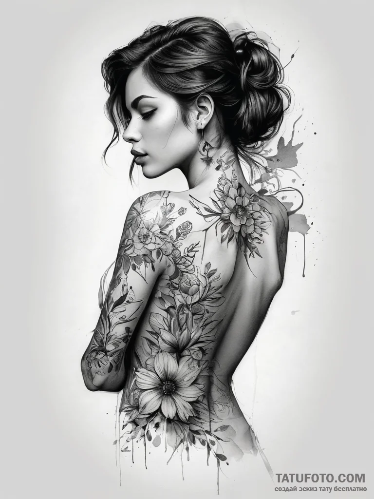 Tattoo sketch back of a woman with a floral s... - эскиз тату (№1757861989_0, 14.09.2025 14:59) — Tatufoto.com