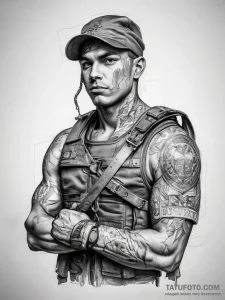 Tattoo sketch soldier with a lock - эскиз тату (№1757866351_0, 14.09.2025 16:12) — Tatufoto.com