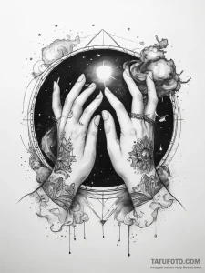 Tattoo sketch hands with a nebula - эскиз тату (№1757877823_0, 14.09.2025 19:23) — Tatufoto.com