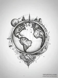 Tattoo sketch globe with continents - эскиз тату (№1757878592_0, 14.09.2025 19:36) — Tatufoto.com