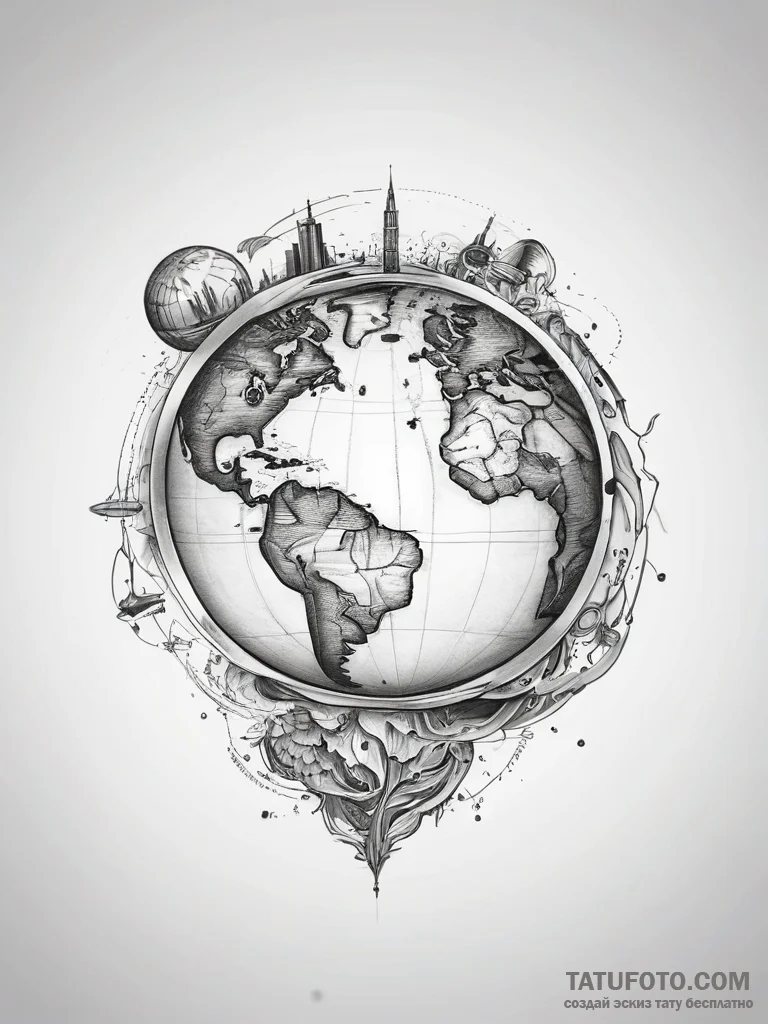 Tattoo sketch globe with continents - эскиз тату (№1757878592_0, 14.09.2025 19:36) — Tatufoto.com