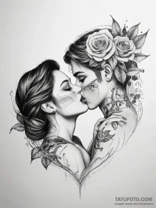 Tattoo sketch romantic kiss with a rose - эскиз тату (№1757888266_0, 14.09.2025 22:17) — Tatufoto.com