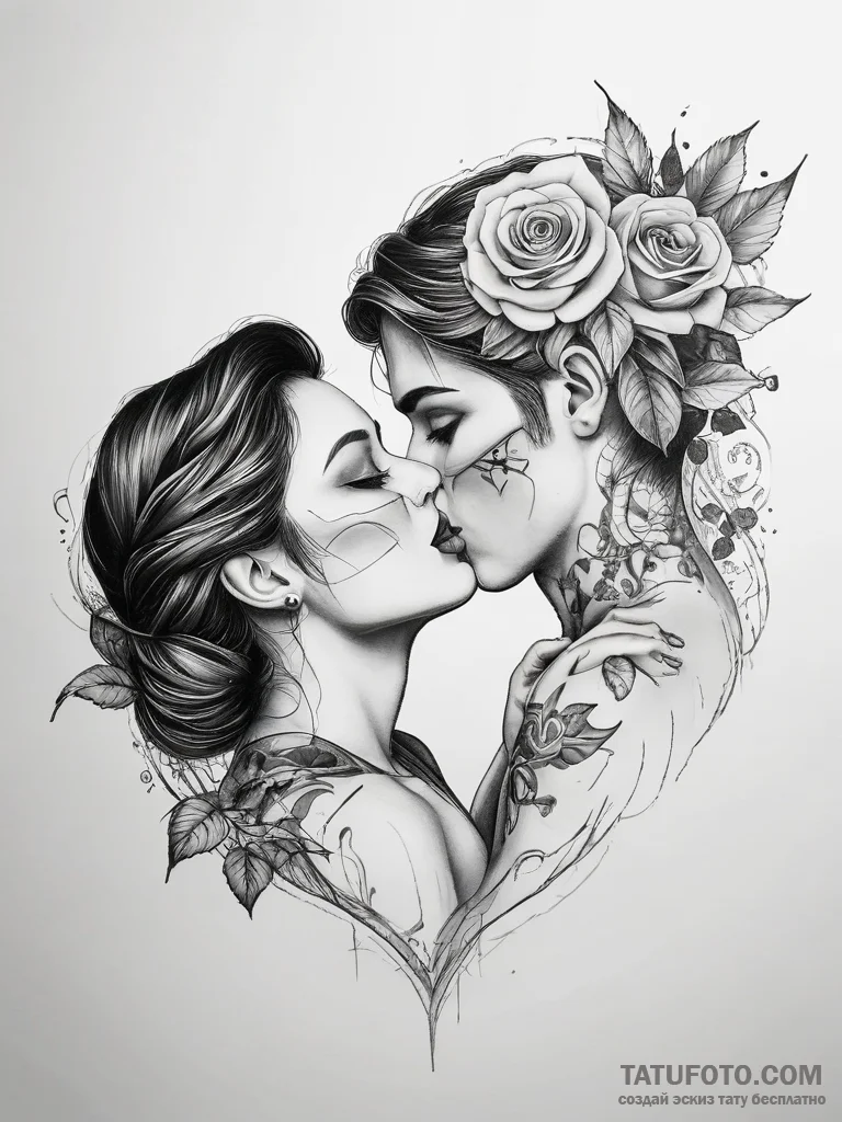 Tattoo sketch romantic kiss with a rose - эскиз тату (№1757888266_0, 14.09.2025 22:17) — Tatufoto.com
