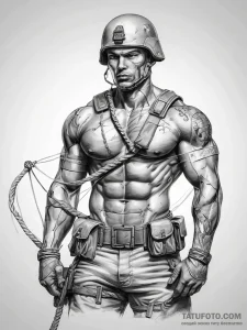 Tattoo sketch soldier with a rope - эскиз тату (№1757888873_0, 14.09.2025 22:27) — Tatufoto.com