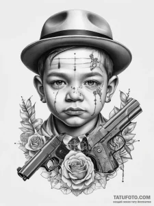 Tattoo sketch baby face nelson with a gun, ta... - эскиз тату (№1757889463_0, 14.09.2025 22:37) — Tatufoto.com