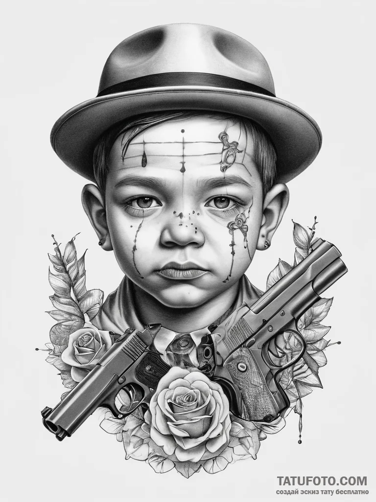 Tattoo sketch baby face nelson with a gun, ta... - эскиз тату (№1757889463_0, 14.09.2025 22:37) — Tatufoto.com