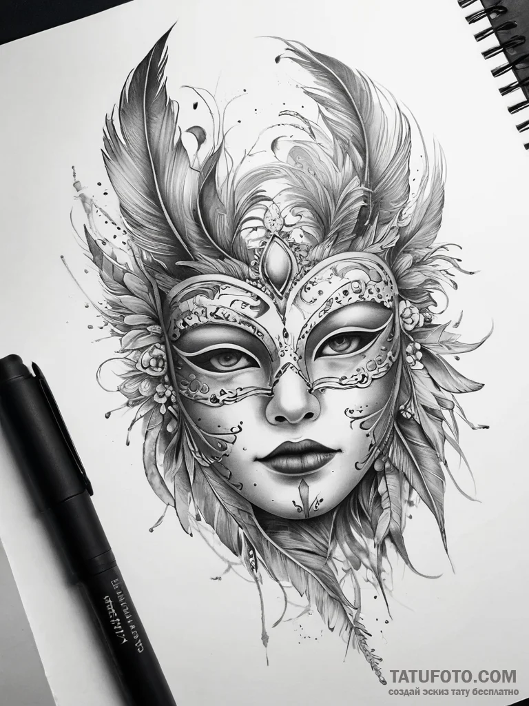 Tattoo sketch feathered mask tattoo - эскиз тату (№1757942215_0, 15.09.2025 13:16) — Tatufoto.com