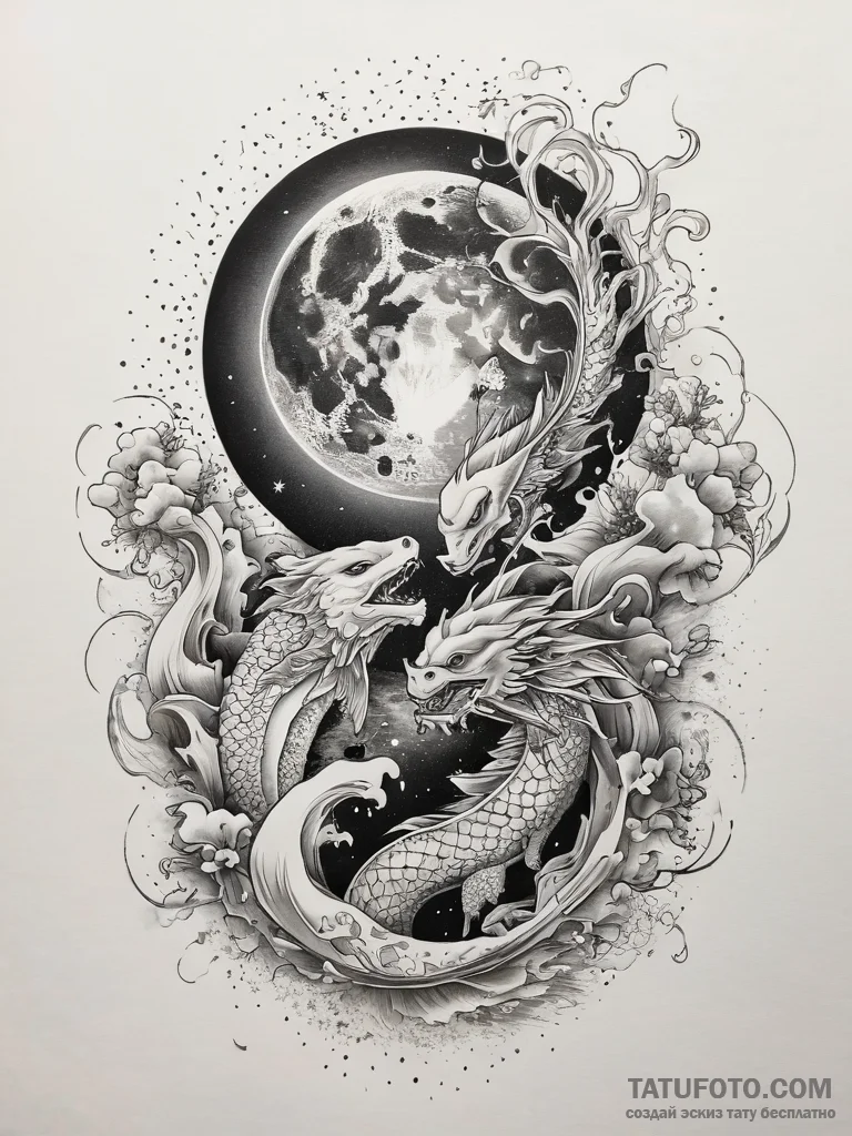 Tattoo sketch romantic full moon with a coupl... - эскиз тату (№1757942603_0, 15.09.2025 13:23) — Tatufoto.com