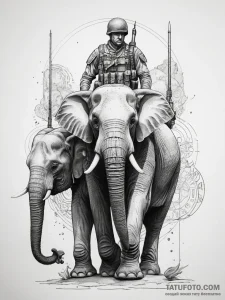 Tattoo sketch soldier with an elephant, ink i... - эскиз тату (№1757947668_0, 15.09.2025 14:47) — Tatufoto.com