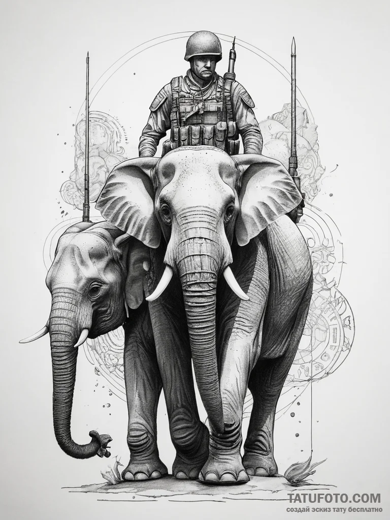Tattoo sketch soldier with an elephant, ink i... - эскиз тату (№1757947668_0, 15.09.2025 14:47) — Tatufoto.com