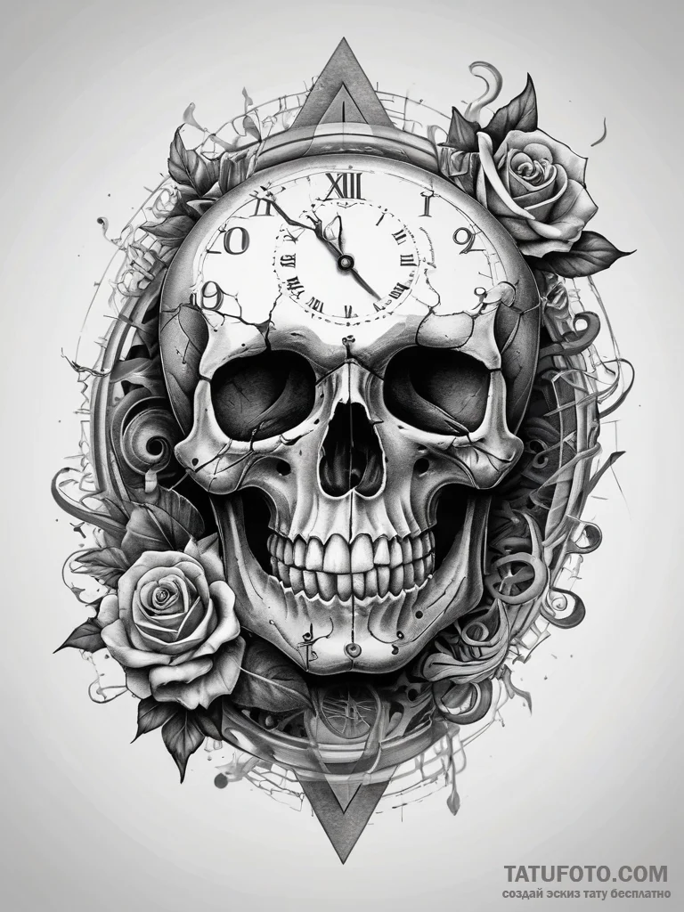 Tattoo sketch skull with a broken clock, conc... - эскиз тату (№1757953500_0, 15.09.2025 16:25) — Tatufoto.com