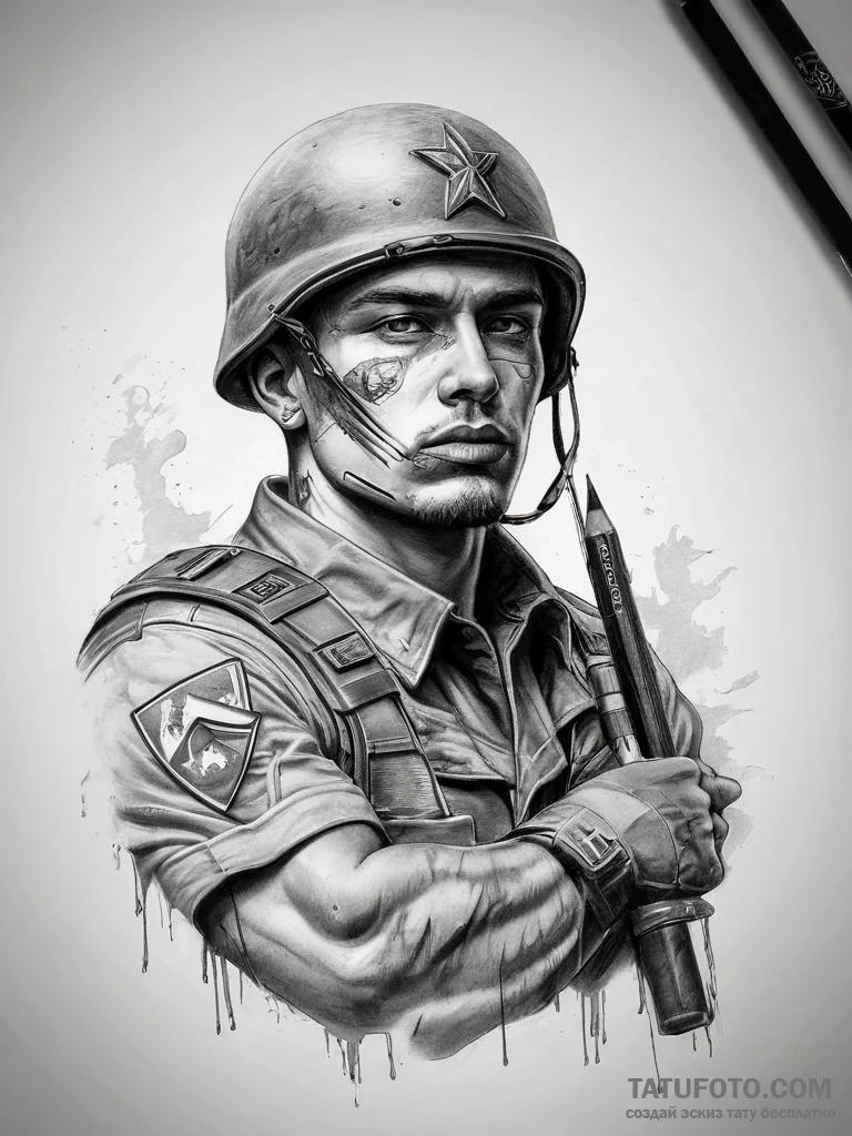 Tattoo sketch soldier with a pencil - эскиз тату (№1757967272_0, 15.09.2025 20:14) — Tatufoto.com