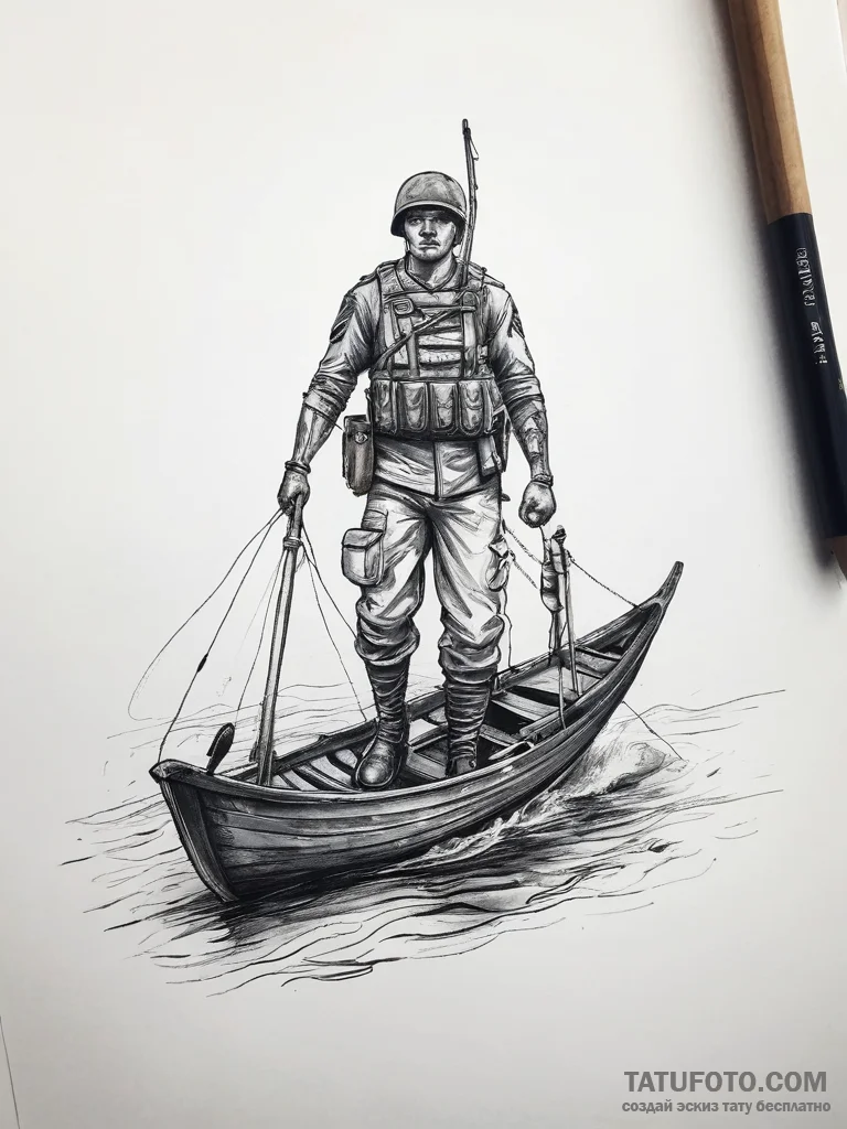 Tattoo sketch soldier with a boat, artistic t... - эскиз тату (№1758009051_0, 16.09.2025 07:50) — Tatufoto.com