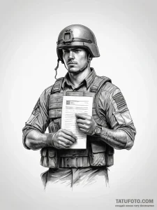 Tattoo sketch soldier with a document - эскиз тату (№1758012186_0, 16.09.2025 08:43) — Tatufoto.com