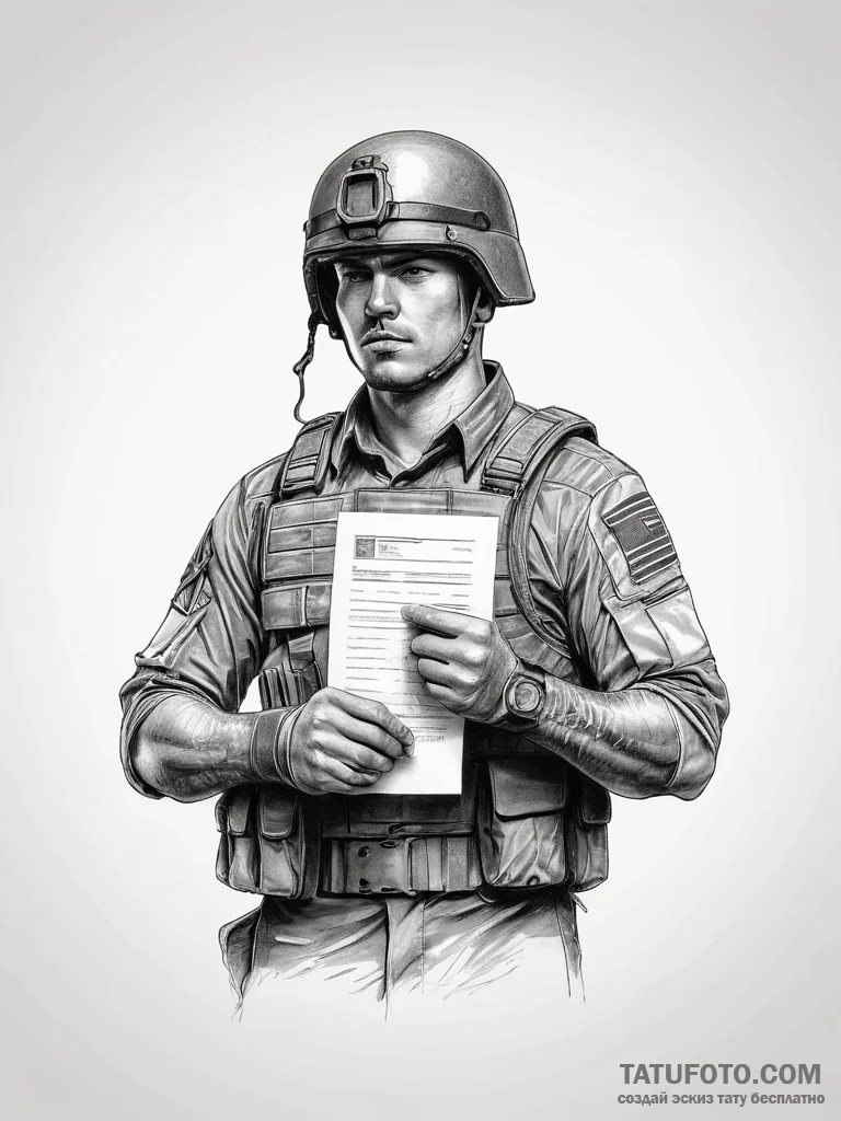 Tattoo sketch soldier with a document - эскиз тату (№1758012186_0, 16.09.2025 08:43) — Tatufoto.com