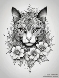 кот с цветами - японская, чёрно-белая - эскиз тату (№1758018722_0, 16.09.2025 10:32) — Tatufoto.com
