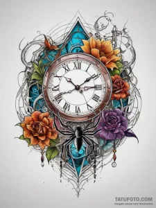 Tattoo sketch clock with spiderweb, ink illus... - эскиз тату (№1758040166_0, 16.09.2025 16:29) — Tatufoto.com
