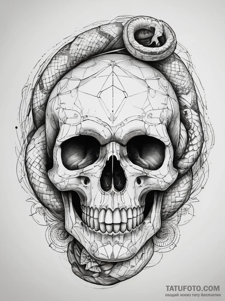 Tattoo sketch узор в виде черепа с змеей, con... - эскиз тату (№1758106581_0, 17.09.2025 10:56) — Tatufoto.com