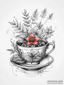 Tattoo sketch teacup with a plant, ink illust... - эскиз тату (№1758181481_0, 18.09.2025 07:44) — Tatufoto.com