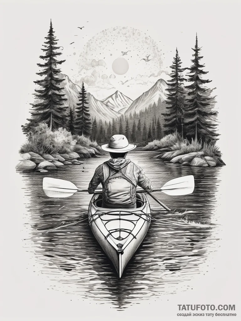 Tattoo sketch kayaking on a river, ink illust... - эскиз тату (№1758197605_0, 18.09.2025 12:13) — Tatufoto.com