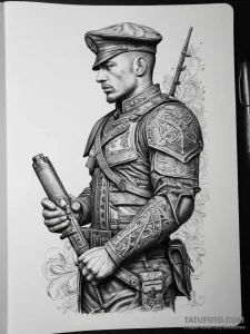 Tattoo sketch soldier with a document, concep... - эскиз тату (№1758208860_0, 18.09.2025 15:21) — Tatufoto.com