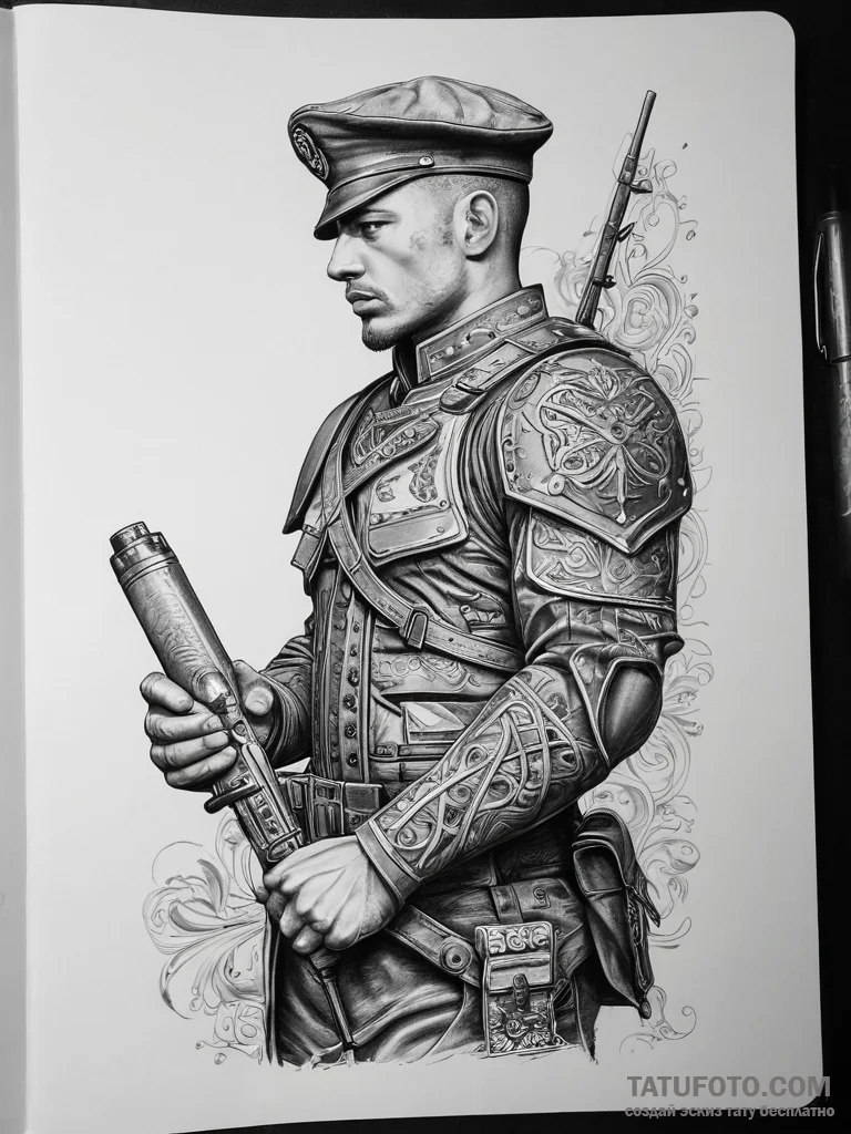Tattoo sketch soldier with a document, concep... - эскиз тату (№1758208860_0, 18.09.2025 15:21) — Tatufoto.com