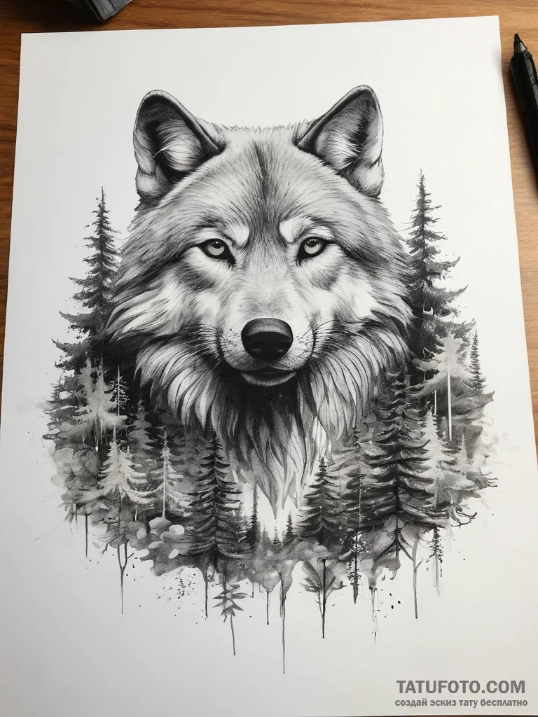 Tattoo sketch realistic волк в лесу, tattoo f... - эскиз тату (№1758258635_0, 19.09.2025 05:10) — Tatufoto.com