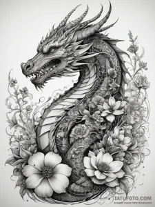 Full dragon, flowers - гравюра, black & grey - эскиз тату (№1758262823_0, 19.09.2025 06:20) — Tatufoto.com