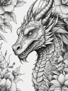 Faminine dragon, flowers - гравюра, black & grey - эскиз тату (№1758262964_0, 19.09.2025 06:22) — Tatufoto.com