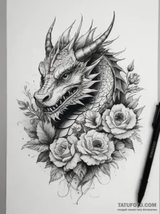 A full-lenght dragon, flowers - лайнворк, реализм (ч/б) - эскиз тату (№1758263120_0, 19.09.2025 06:25) — Tatufoto.com