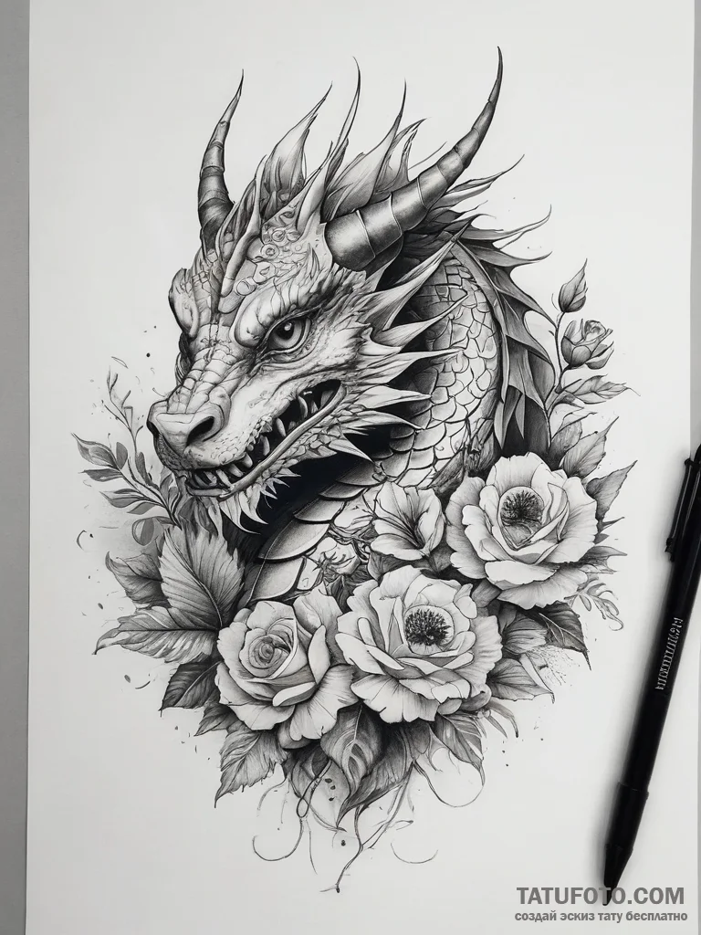 A full-lenght dragon, flowers - лайнворк, реализм (ч/б) - эскиз тату (№1758263120_0, 19.09.2025 06:25) — Tatufoto.com