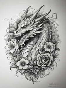 A full-lenght dragon, flowers - нео-традишнл, чёрно-белая - эскиз тату (№1758263206_0, 19.09.2025 06:26) — Tatufoto.com