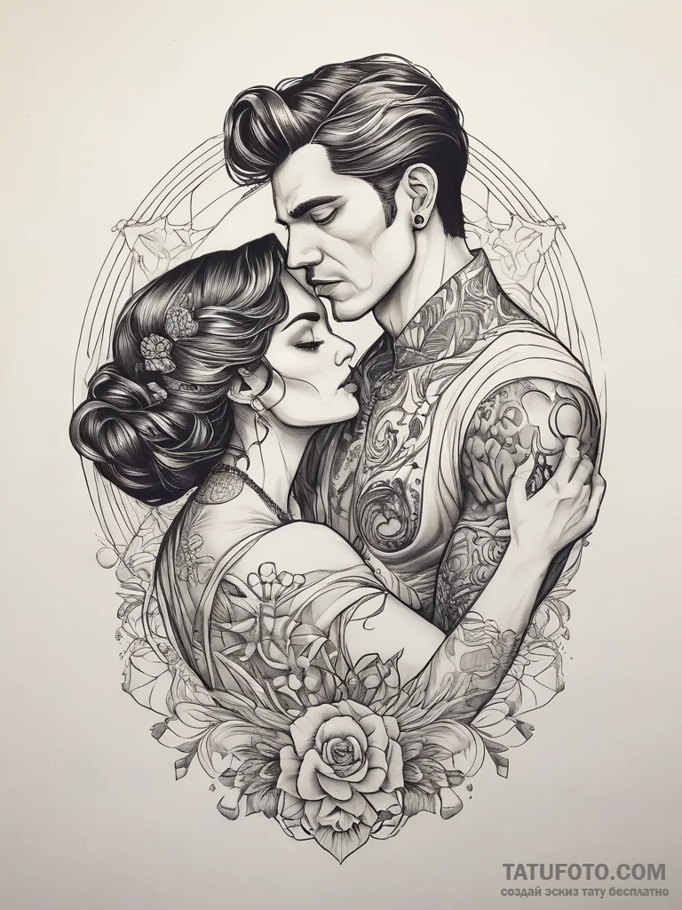 Tattoo sketch fine line of a couple in a sing... - эскиз тату (№1758278077_0, 19.09.2025 10:34) — Tatufoto.com